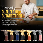 Dual Flame Butane Torch Gun - Refillable Luxury Hand Held Mini Blow Torch for Cooking, Creme Brulee, Soldering, Welding, & Resin Art - Adjustable Flame with Ignition Lock - Gold Brown by inZaynity®