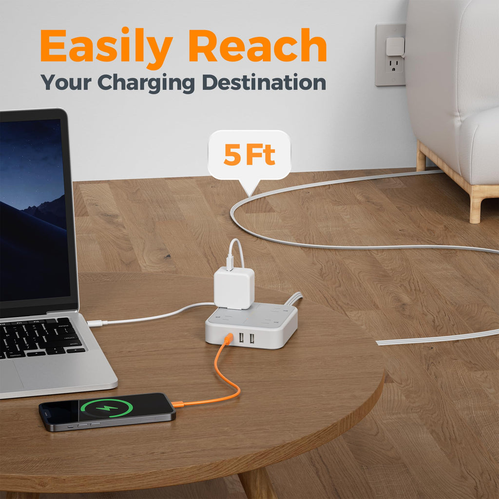 TESSAN Surge Protector Flat Extension Cord 5Ft, Flat Plug Power Strip