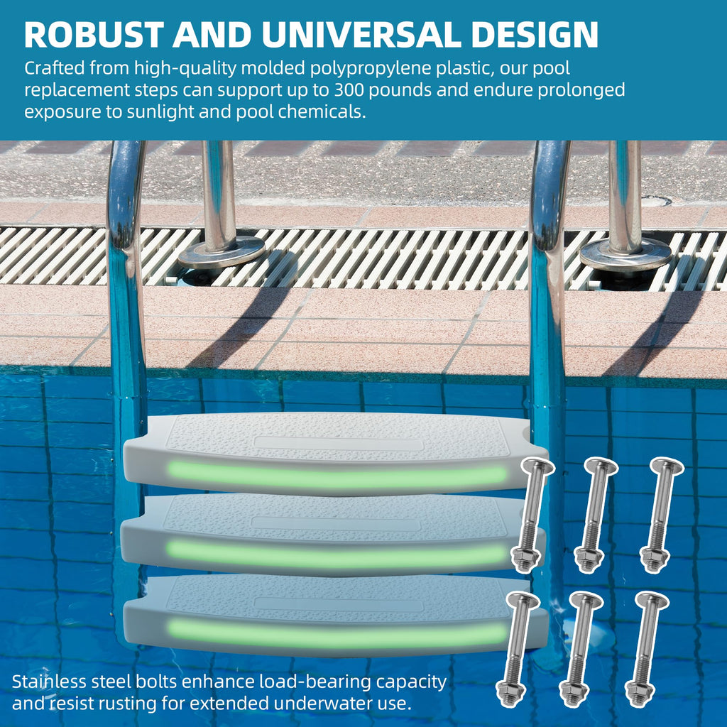 TonGass (3-Pack, White) 18" Universal Pool Ladder Step Replacement with Reflective Strip, Plastic Swimming Pool Ladder Rung Step with Stainless Steel Bolts for Inground Above Ground Pools