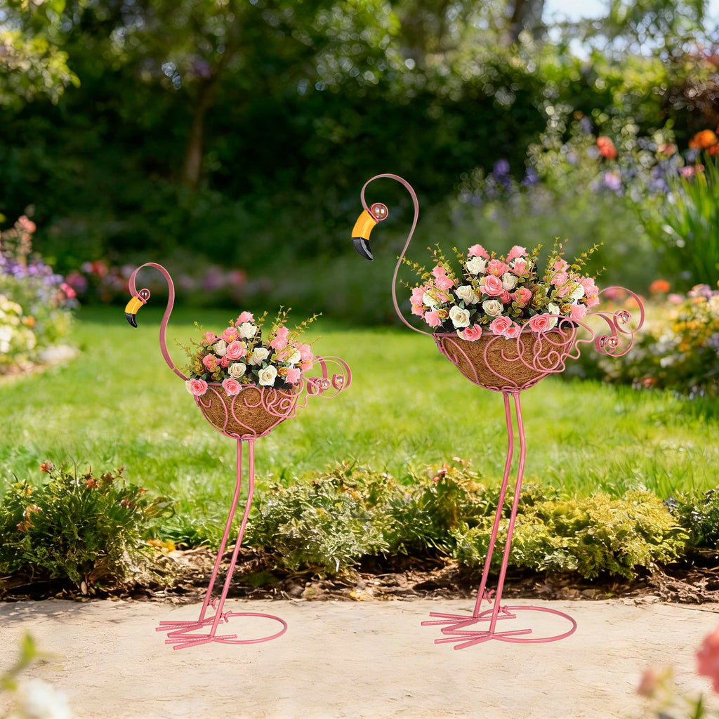 SUNREEK Set of 2 Pink Flamingo Outdoor Planters with Basket, Metal Flamingo Planter for Indoor Outdoor Garden Yard Decor (Flamingo-Planter)