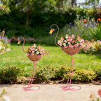 SUNREEK Set of 2 Pink Flamingo Outdoor Planters with Basket, Metal Flamingo Planter for Indoor Outdoor Garden Yard Decor (Flamingo-Planter)