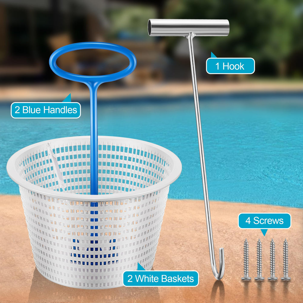 Saillong 2 8" Pool Skimmer Basket for Inground Pool & 2 Skimmer Basket Handle & 1 Stainless Steel Hook, Universal Pools Skimmers Baskets Replacement for Debris Removal, Keep Hands Clean(Blue, White)