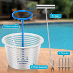 Saillong 2 8" Pool Skimmer Basket for Inground Pool & 2 Skimmer Basket Handle & 1 Stainless Steel Hook, Universal Pools Skimmers Baskets Replacement for Debris Removal, Keep Hands Clean(Blue, White)