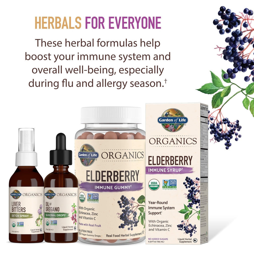 Garden of Life Organics Plant Based Elderberry Immune Syrup 6.59 floz (195 mL) for Kids & Adults - Sambucus, Echinacea, Zinc & Vitamin C, 0g Sugar, Organic Vegan Gluten Free Herbal Supplement