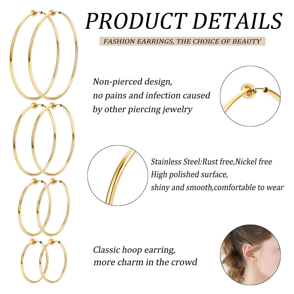 Magitaco 8 Pairs Clip On Hoop Earrings Stainless Steel Clip On Earrings for Women Fake Hoop Earring Spring Hoop Earring For Non-Pierced Ears G