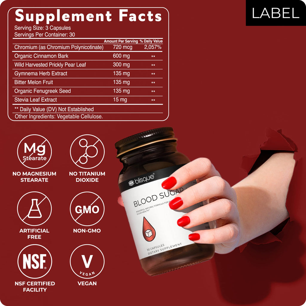 Blisque – Natural Blood Sugar Support Supplement to Help Maintain Already Healthy Blood Sugar Levels | with Cinnamon, Chromium, and Fenugreek | 90 Capsules | Vegan and Non-GMO |