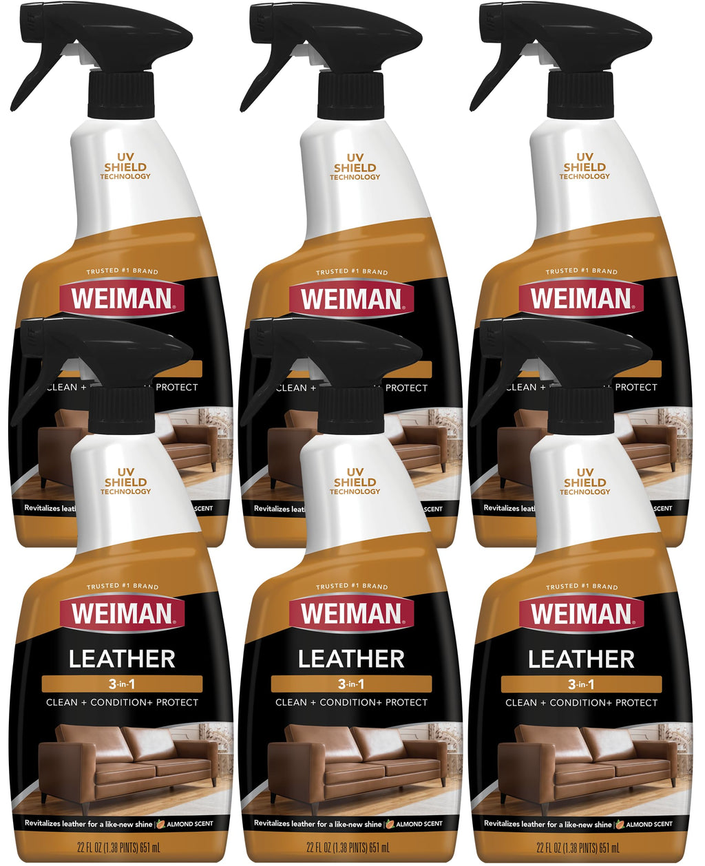 Weiman Leather Cleaner & Conditioner - Cleans, Restores & Protects Leather, UV Protection Prevent Cracking & Fading, For Car Seats, Sofas, Shoes, Bags & All Finished Leather Surfaces, 6 Pack, 22 FL Oz