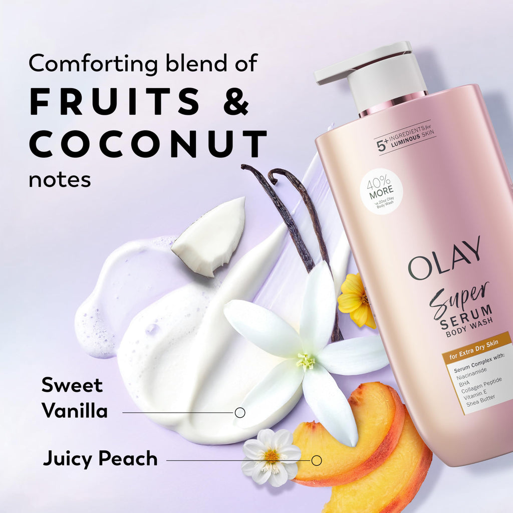 Olay Super Serum Body Wash for Extra Dry Skin, 24hr Long Lasting Hydration, 5+ Ingredient Complex for Bright Even Firm Luminous Skin, 28 fl oz