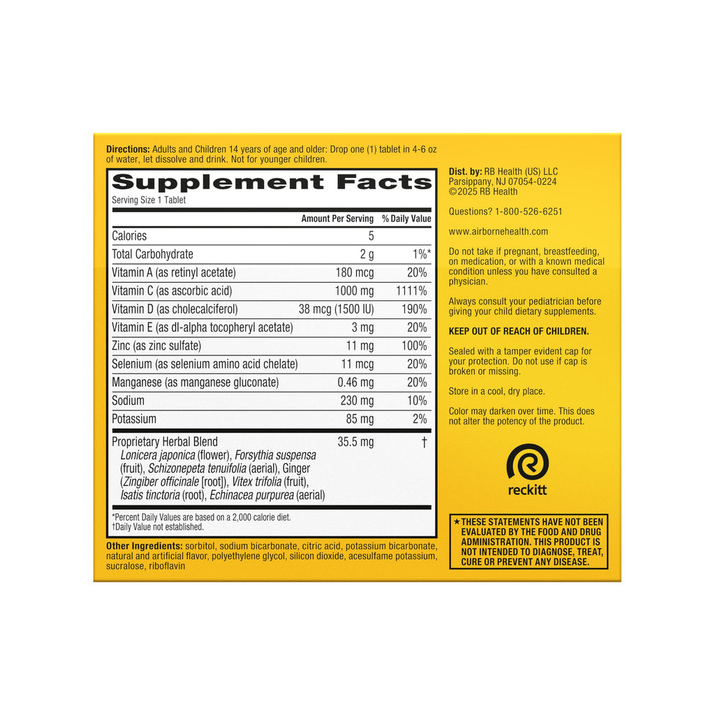 Airborne 1000mg Vitamin C with Vitamin D & Zinc, Sugar Free Multivitamin Immune Support Supplement, Antioxidants Vitamins A C & Vitamin E, 30 Effervescent Tablets, Zesty Orange Flavor