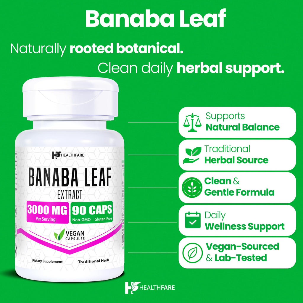 Healthfare Banaba Leaf Extract Capsules 3000mg | 90 Vegan Pills | Standardized with Corosolic Acid | Premium Herbal Supplement | Non-GMO, Gluten-Free | Made in USA