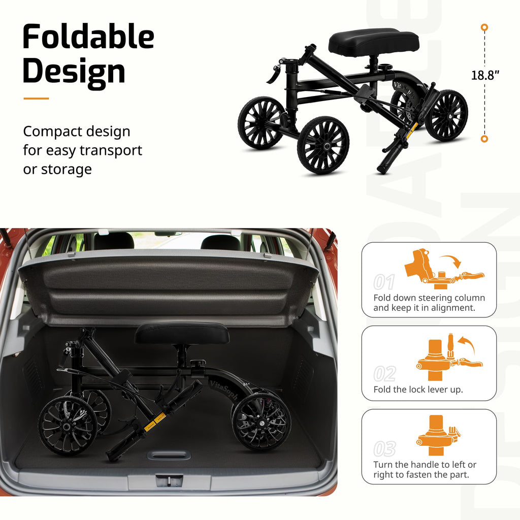 VitaSophy Knee Scooter with Disc Brake, Steerable Knee Walker for Adults,Foldable Rover Scooter forBroken Foot Injured Leg Crutch,Black