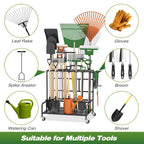Garden Tool Organizer Rack with Wheels Up to 39 Tools, Heavy-Duty Steel Yard Tool Organizer for Garage Storage with 12 Hooks, Broom Holder & Garden Tool Rack for Shed, Patio, Outdoor Use, Black