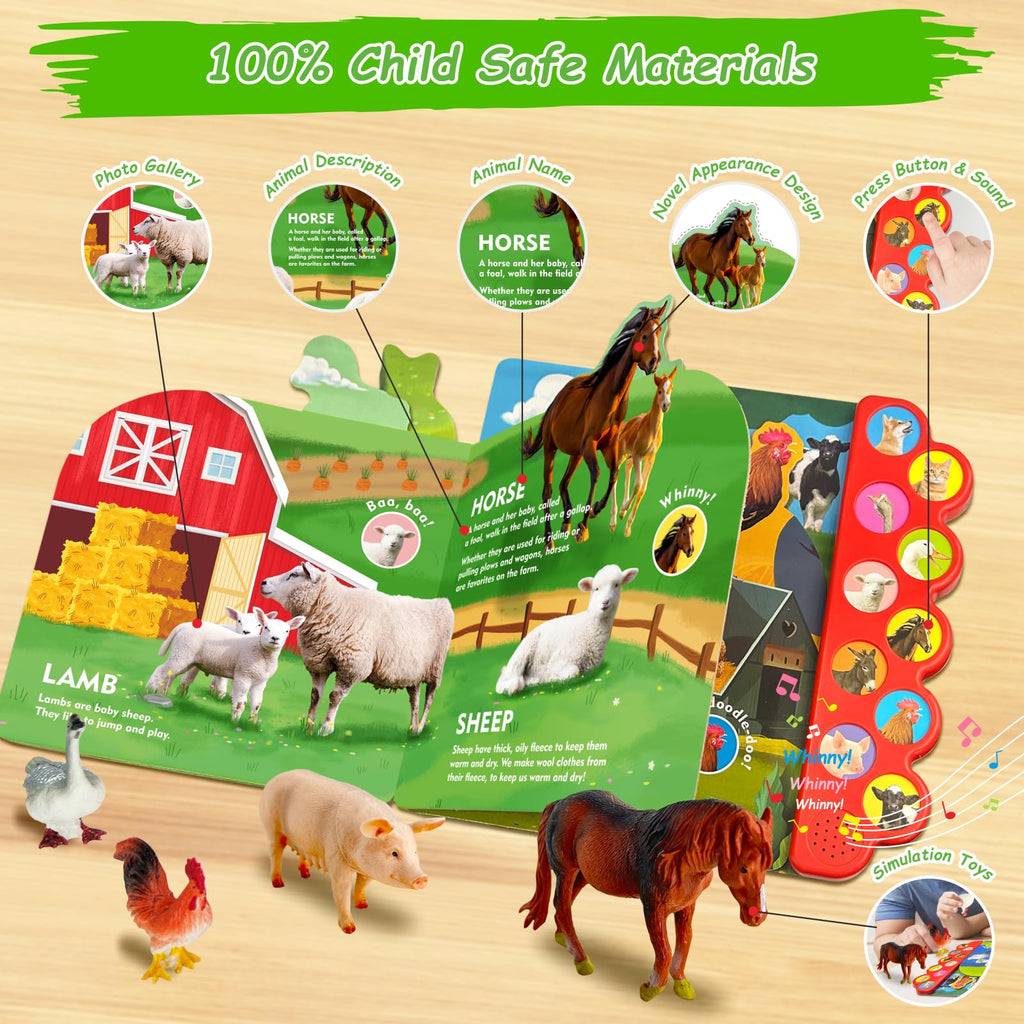 iGRATENS Farm Animals Figures Toys with Sound Books, 10PCS Farm Animals for Toddlers & Animal Sound Books with 10 Buttons, Plastic Animals, Farm Toys for Toddlers 3-5, Animal Lover Gifts for Kids