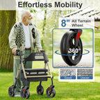 HOMLAND Foldable Rollator Walkers with Seat for Seniors, 8'' Big Wheels, 350 lb. Weight Capacity, Adjustable Handles and Seat Height, Lightweight Rolling Walker, Champagne Gold