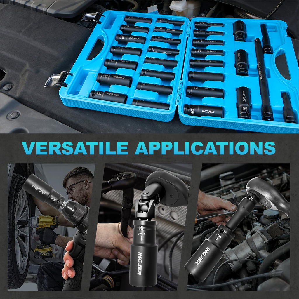 INGJER 1/2" 29PCS Impact Socket Set, Mechanic Tool Set,SAE (3/8"-1") & Metric (10-24mm), Standard & Deep Sockets with Extension Bars. CR-MO Steel, High Torque, Ideal for Truck Bearing Locknut.
