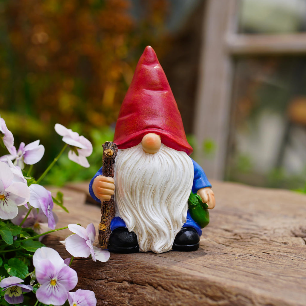 Hand-Painted Traveler Resin Garden Gnome Statue 6.1in - Whimsical Explorer Figurine for Outdoor & Indoor Decor - Weather Resistant Gnome with Staff & Satchel for Patio, Yard, Lawn, Home & Gift