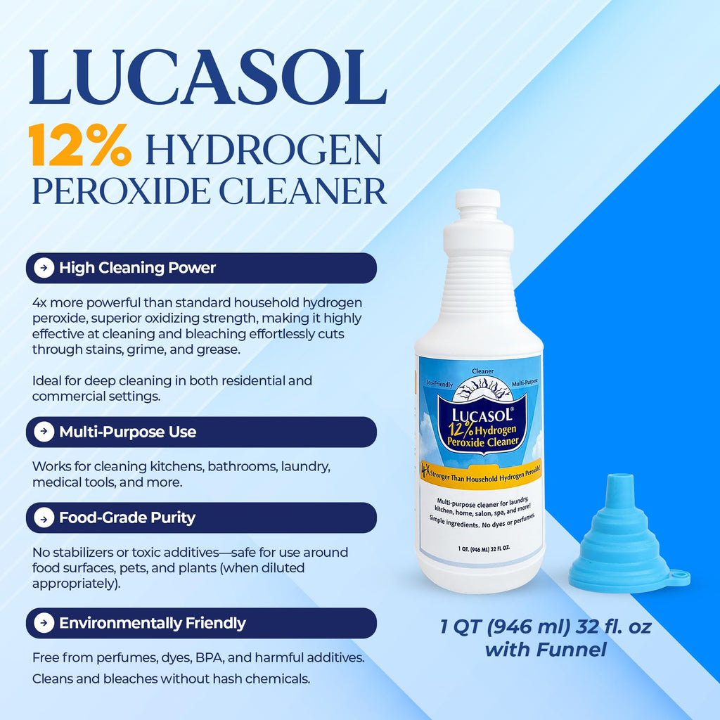 Lucasol Food Grade Hydrogen Peroxide 12% Percent & Funnel Combo - 1 Quart (32 Fl Oz)