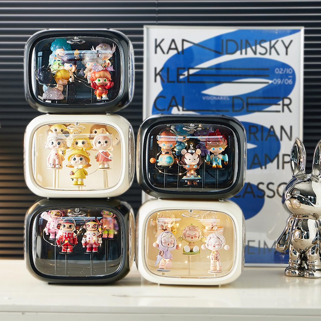 Display case for Figures with Light Adjustable Display Stand Clear Acrylic Display Box with Door Dust and Moisture Proof Suitable for Lego Collectibles Action Figures Pop Mart (Black)