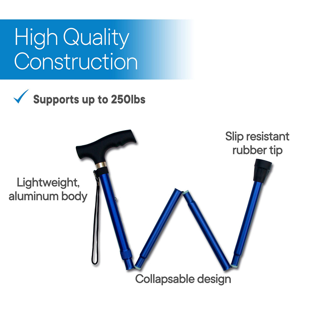 RMS Folding Cane - Foldable, Adjustable, Lightweight Aluminum Offset Walking Cane - Collapsible Walking Stick with Ergonomic Derby Handle - Ideal Daily Living Aid for Limited Mobility (Blue)