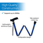 RMS Folding Cane - Foldable, Adjustable, Lightweight Aluminum Offset Walking Cane - Collapsible Walking Stick with Ergonomic Derby Handle - Ideal Daily Living Aid for Limited Mobility (Blue)