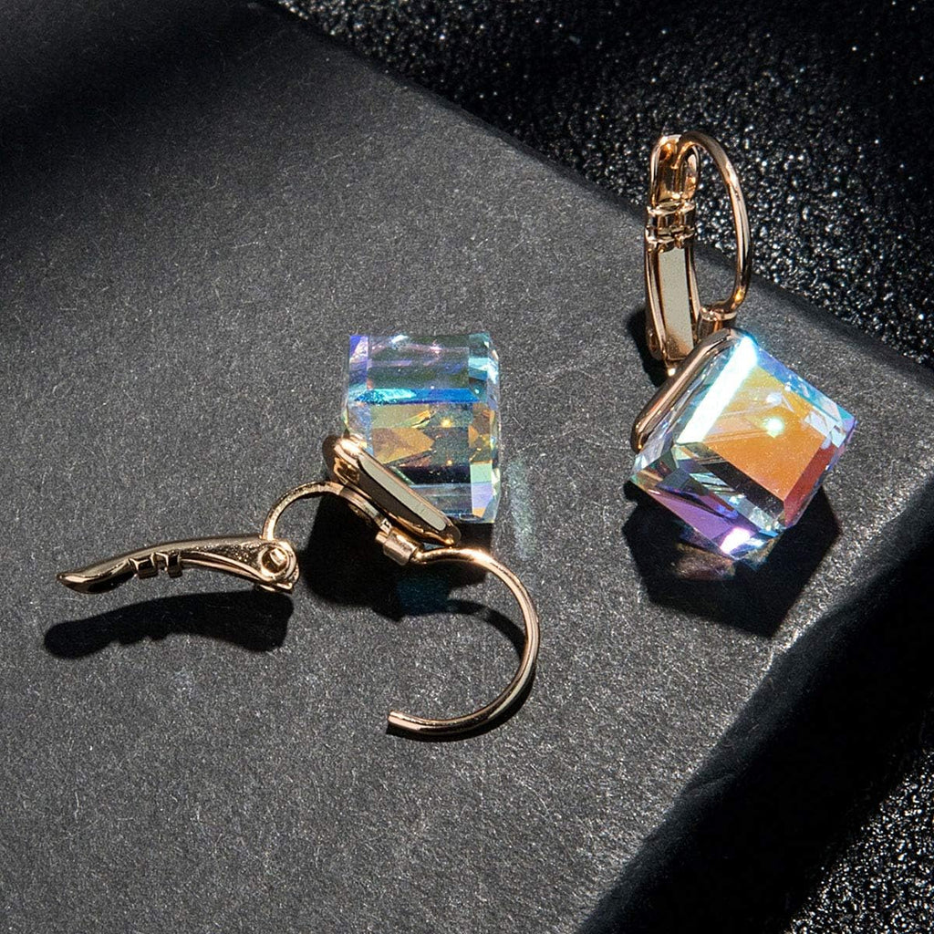 EVEVIC Austrian Crystal Cube Drop Leverback Earrings for Women