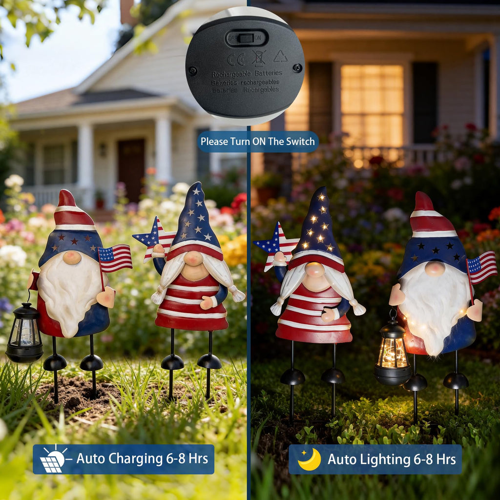 HONGLAND Solar Patriotic Gnomes Garden Stakes - 4th of July Decorations 25" American Flag Garden Gnomes Outdoor Decor for Outdoor & Memorial Day Yard Art 2 Pack