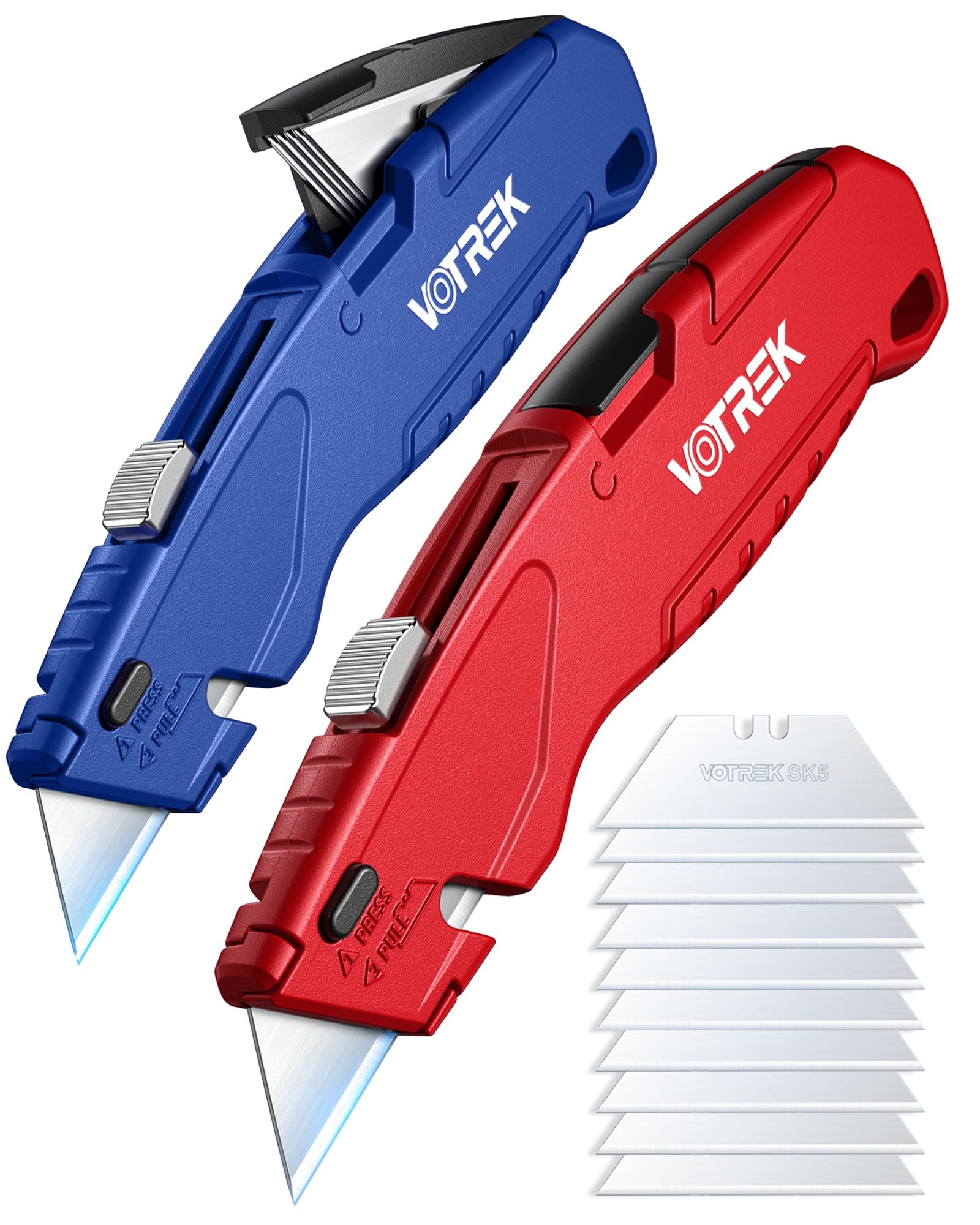 VOTREK Utility Knife Set | Retractable Box Cutter with【Blade Storage】| All Metal Heavy-Duty Cutting for Cardboard, Carpet, Plastic | Includes Razor Knives 2Pack & Extra Quick Change Replacement Blades