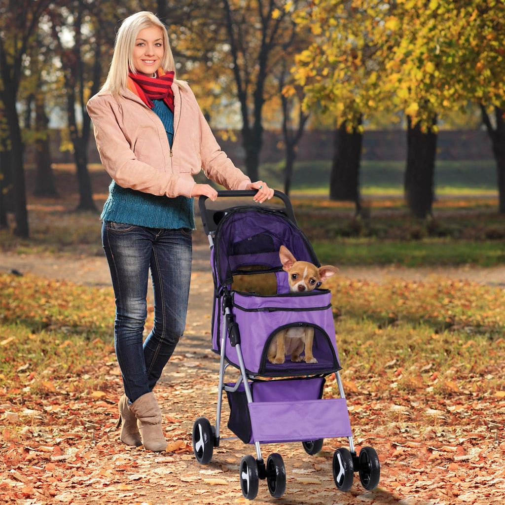 LEMY Pet Stroller,4 Wheels Dog Cat Stroller with Storage Basket&Cup Holder,Folding Dog Cat Cage Jogger Strollers for Small Medium Dogs Cats Travel,Purple