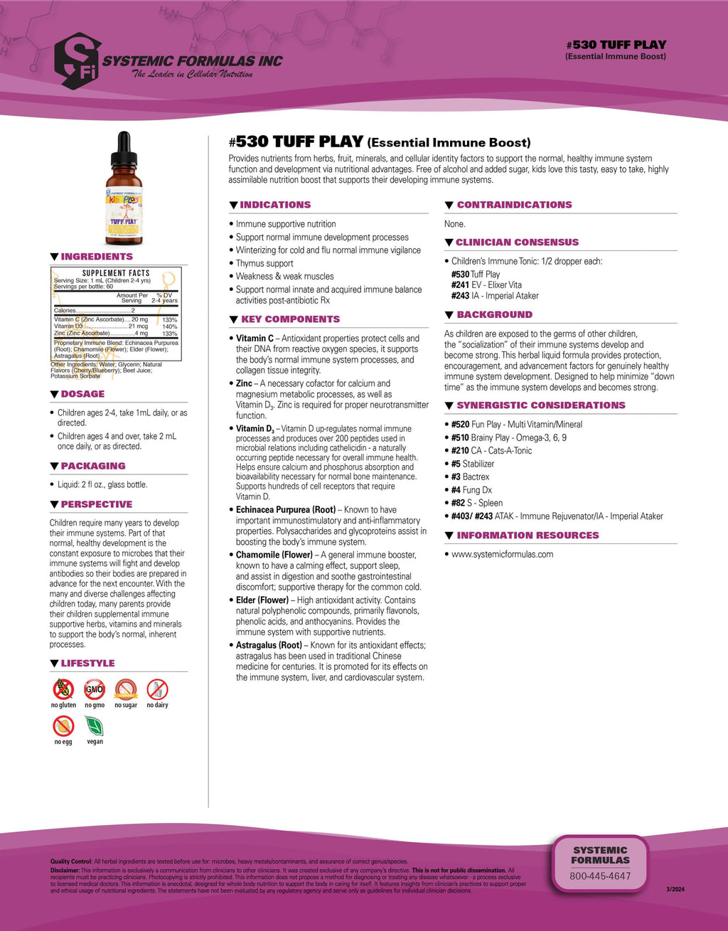 Systemic Formulas Tuff Play Kids Immune Support Supplement, 2 Fl Oz, with Vitamins C, D3 and Zinc #530