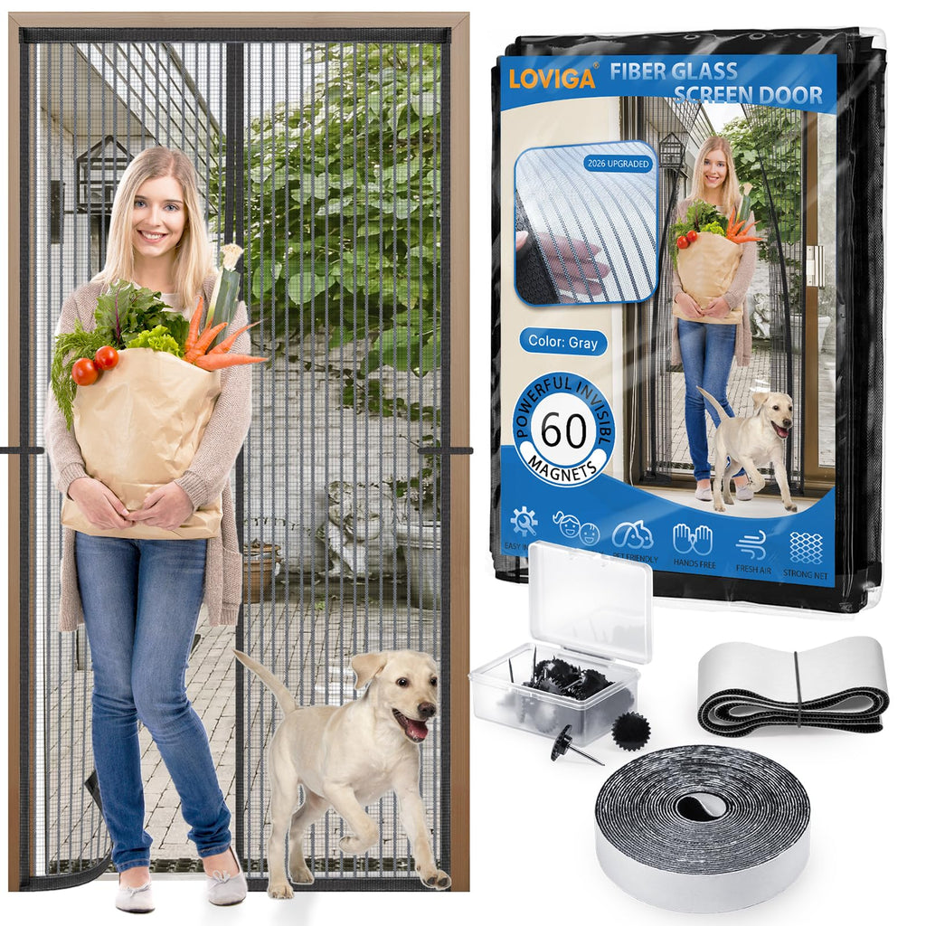Heavy Duty Door Screen Magnetic Closure, LOVIGA Thickened Fiberglass Screen Door Mesh, Self Sealing, Tear Resistant, Easy Assemble, Fine Mesh Keep Bugs Out Fit Door Size 36 Inch X 82 Inch