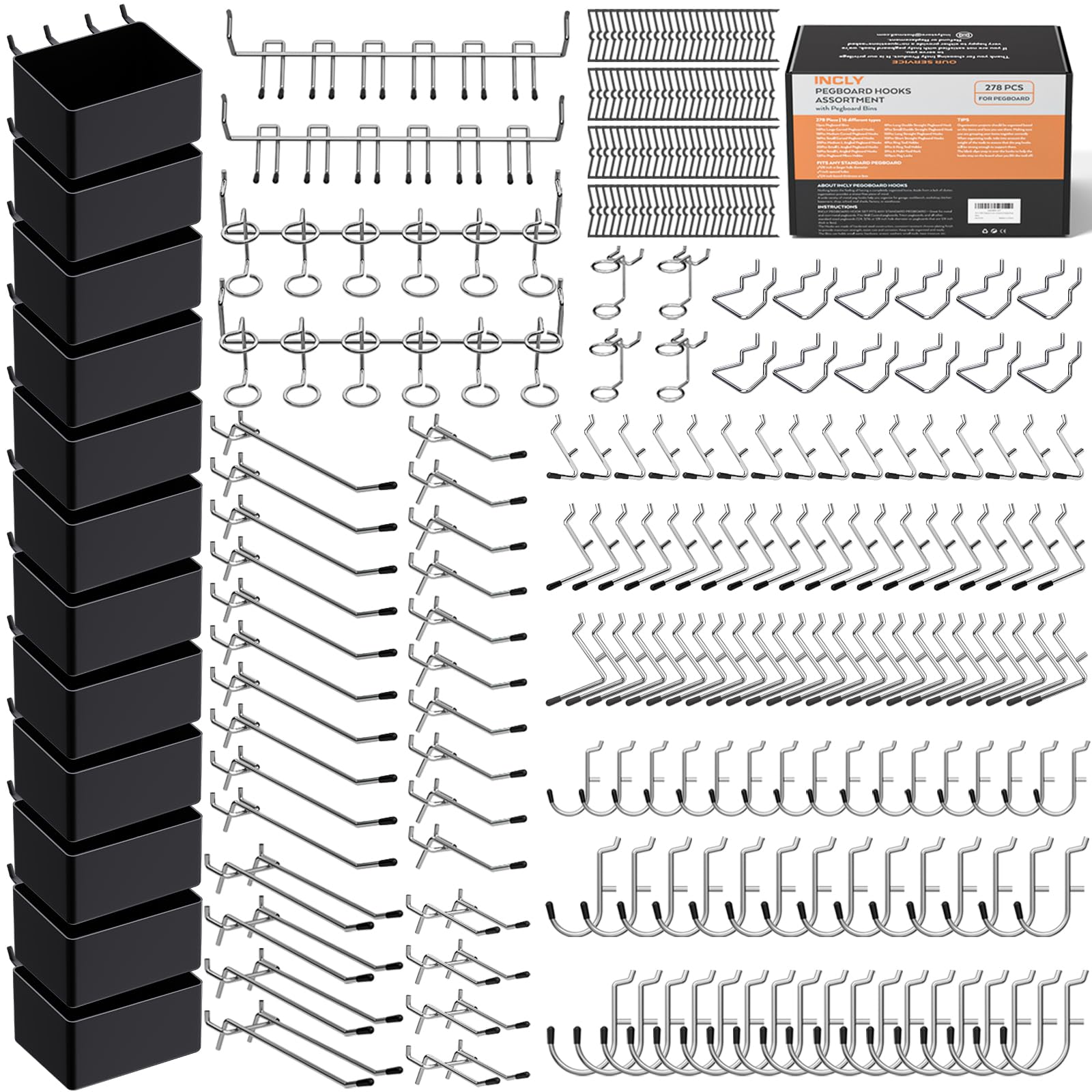 INCLY 278PCS Pegboard Accessories Organizer Kit with Peg Borad Hooks & Bins
