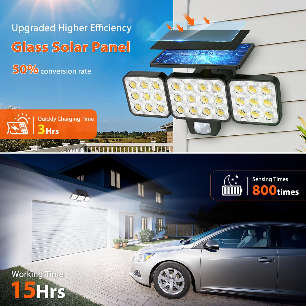 WdtPro Solar Lights Outdoor Waterproof 1 Pack, 3500LM Super Bright Motion Sensor Solar Powered LED Flood Lights, Upgrade Glass Panel, Solar Security Light Spotlights for Outside Yard