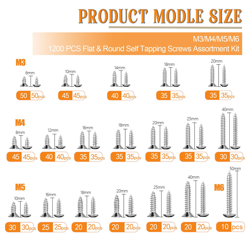 Dianrui 1200 PCS Wood Screws Assortment Kit, Assorted 304 Stainless Steel Screws M3/M4/M5/M6, ‌Phillips Drive Sheet Metal Self Tapping Screw Set Marine Grade (Pan & Flat Head Screw) Length 1/4" to 2"
