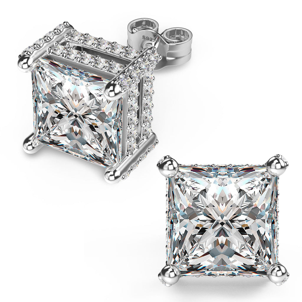 18K White Gold Plated Sterling Silver Pave Square Cubic Zirconia Stud Earrings 4 Prong Princess Cut CZ Simulated Diamond Stud Earrings for Men Women Hypoallergenic (White Gold, 8mm)