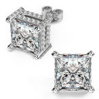 18K White Gold Plated Sterling Silver Pave Square Cubic Zirconia Stud Earrings 4 Prong Princess Cut CZ Simulated Diamond Stud Earrings for Men Women Hypoallergenic (White Gold, 8mm)