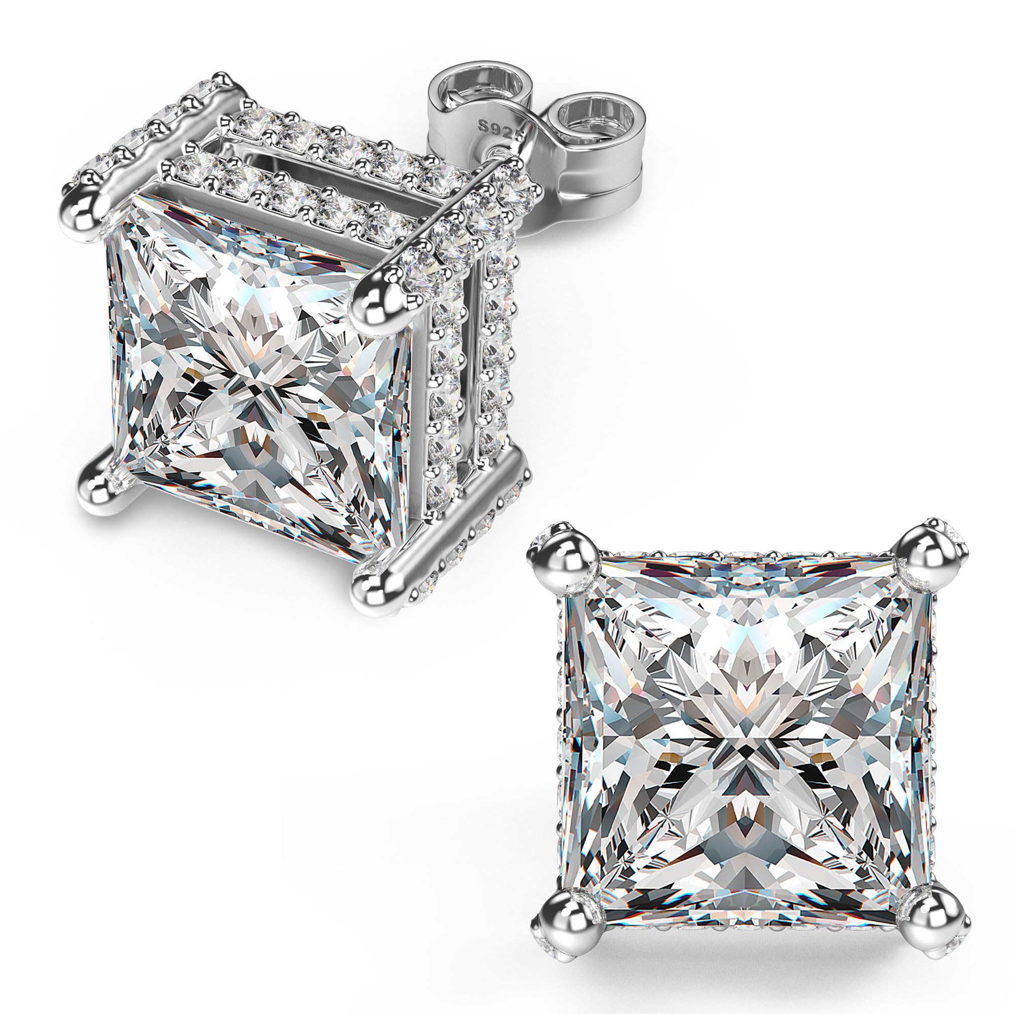 18K White Gold Plated Sterling Silver Pave Square Cubic Zirconia Stud Earrings 4 Prong Princess Cut CZ Simulated Diamond Stud Earrings for Men Women Hypoallergenic (White Gold, 8mm)
