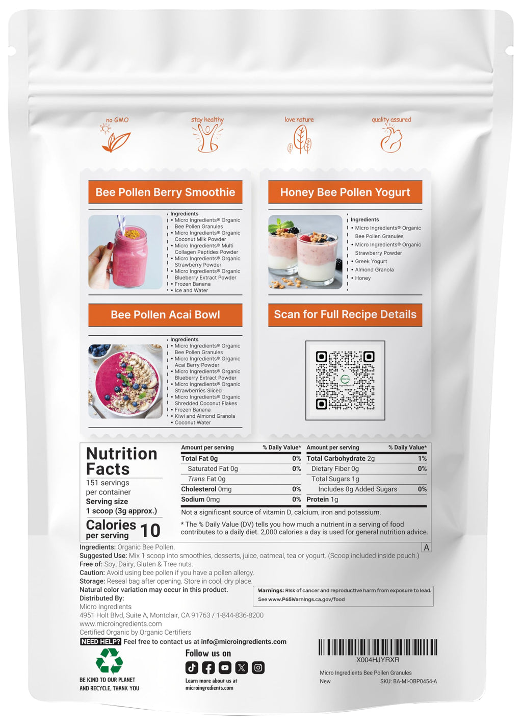 Micro Ingredients Organic Bee Pollen Granules, 1 lb | Fresh Harvest, Raw & Natural Superfood | Rich in B Vitamins, Minerals, Protein & Antioxidants | Keto, Non-GMO