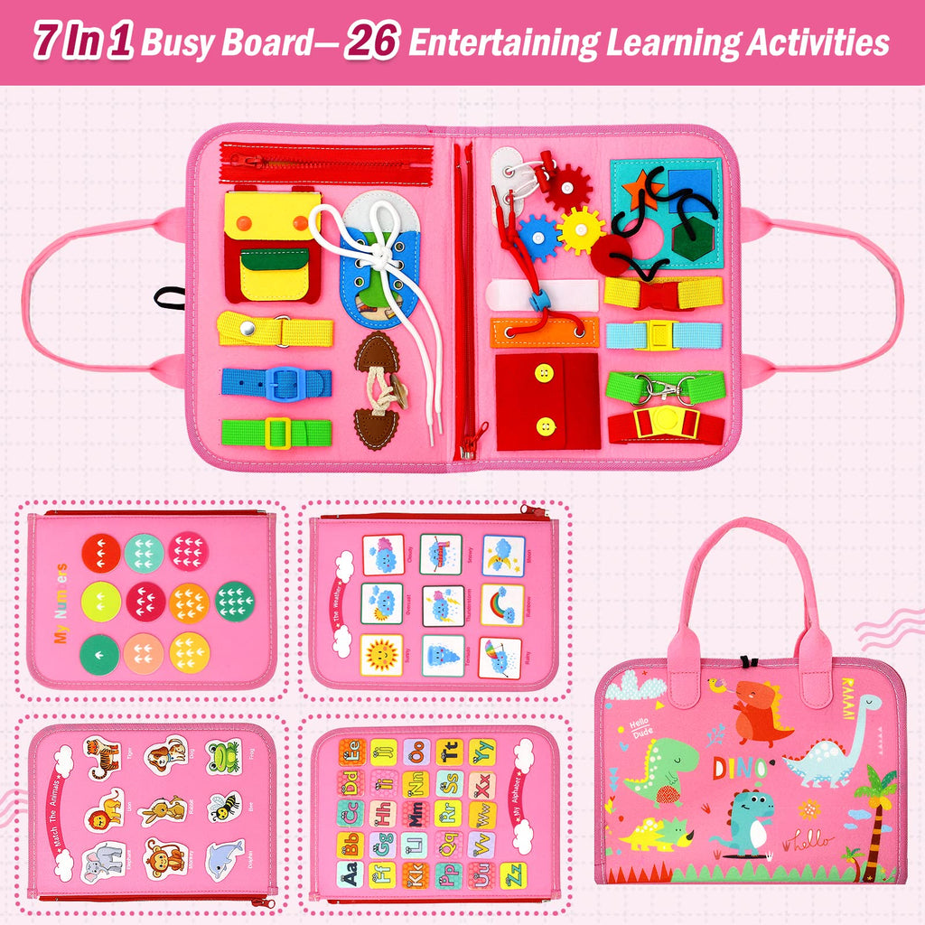 Qizfun Busy Board Montessori Toy for 1 2 3 4 Years Old, Educational Activity Sensory Board Preschool Learning Fine Motor Skills Toys, Toddler Travel Toy for Plane Car, Gift for Boys Girls (Pink/P4)