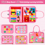 Qizfun Busy Board Montessori Toy for 1 2 3 4 Years Old, Educational Activity Sensory Board Preschool Learning Fine Motor Skills Toys, Toddler Travel Toy for Plane Car, Gift for Boys Girls (Pink/P4)
