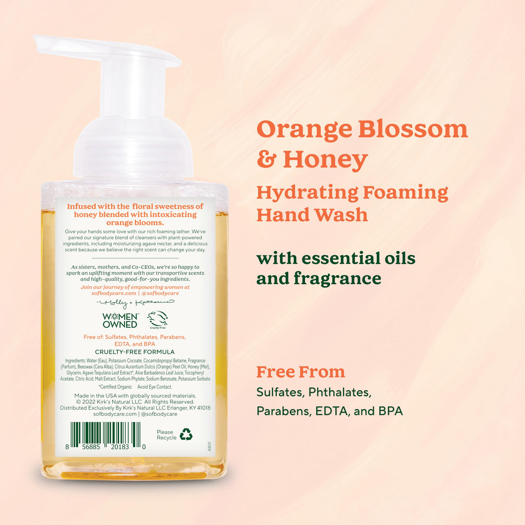 SoF Hydrating Foaming Hand Wash - With Organic Agave Nectar & Coconut Oil- Vegan & Non GMO- Free From Phthalates, Sulfates & Parabens- Orange Blossom & Honey - 8 oz Bottle 3 Pack
