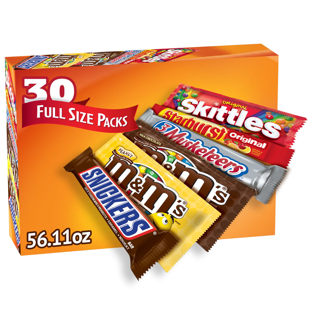 M&M'S, SNICKERS, 3 MUSKETEERS, SKITTLES & STARBURST Variety Pack Full Size Bulk Candy Assortment, 56.11 oz, 30 Bars