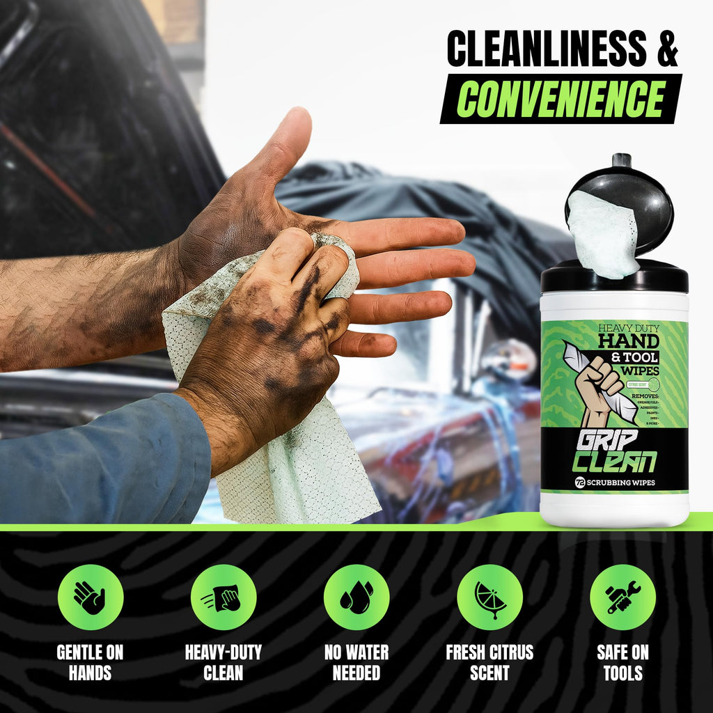 Grip Clean Heavy Duty Hand & Tool Cleaning Wipes – Waterless Hand Cleaner for Mechanics, Garage & Shop Use – Dual-Sided Grease, Oil & Paint Remover Wipes with Citrus Scent - 72ct (6 Pack)