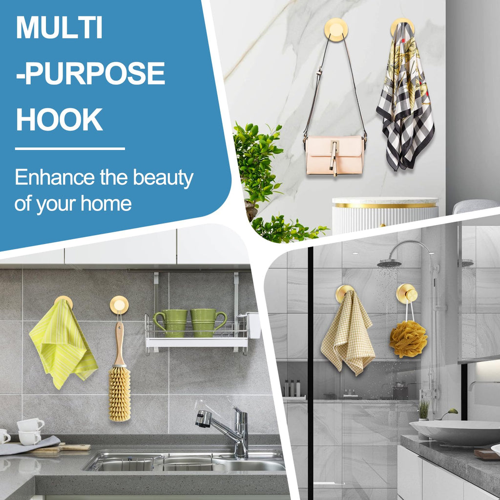 Hviiso Vacuum Suction Cup Hooks for Shower, Shower Hooks for Inside Shower Glass Window, Mirror, No Drill Towel Hooks for Bathrooms, Bath Robe Coat Looafh Wreath Hook for Hanging - 2 Pack, Gold