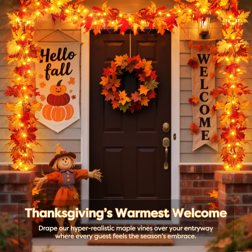 Fall Decorations for Home 9 FT Pre-lit Fall Garland with 50 LED Orange Lights, Auto Timer, 8 Lighting Modes, Waterproof Battery Operated Maple Leaf Garland for Fall Halloween Thanksgiving Decorarions