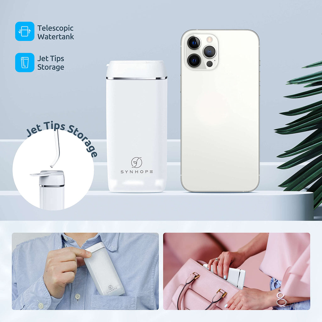 Water Flosser [ Mini Cordless Portable ] Oral Irrigator Water Teeth Cleaner Pick, Telescopic Water Tank, 3 Modes & IPX7 Waterproof, Home & Travel Water Floss for Teeth, Braces Bridges Care (White)
