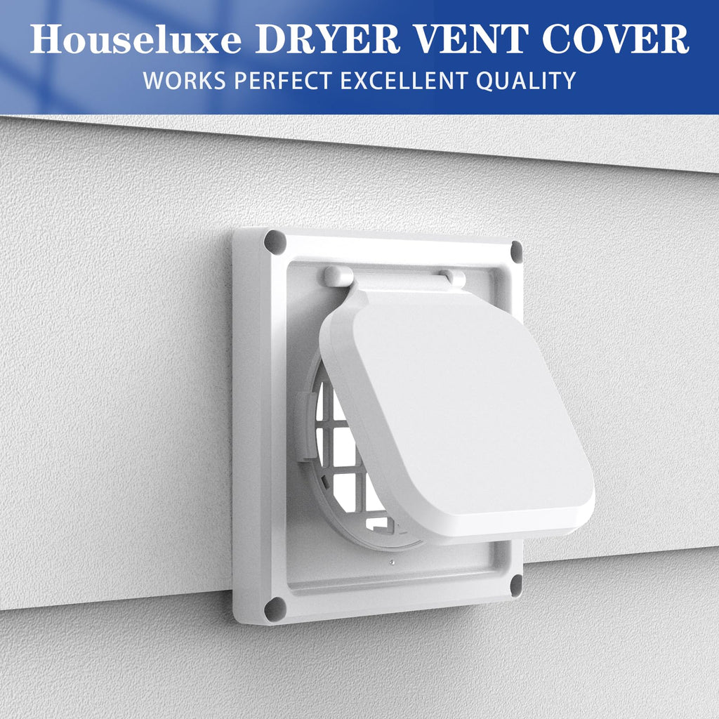 Houseluxe Dryer Vent Cover Outside 4 inch, Magnetic Door Design, Durable Airflow Vent with Lint Trap Screen, Thickened Material, 6 inch x 6 inch Size, White
