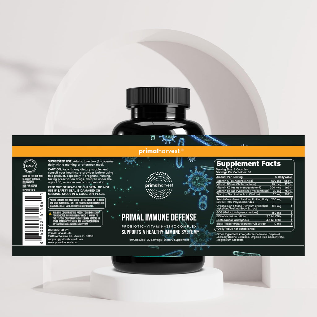 Primal Harvest Primal Immune Defense 10 in 1 Immune Support Supplement - 60 Capsules Immune Vitamins, with 7 Billion CFU Pre and Probiotics, Zinc, VIT C, B6, D3, K2