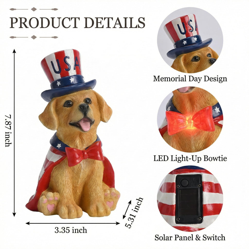TERESA'S COLLECTIONS 4th of July Puppy Decorations with Solar Light, Memorial Day Resin Garden Dog Figurine for Home, Patriotic Independence Day USA 250th Anniversary Outdoor Yard Porch Gift Decor 8"