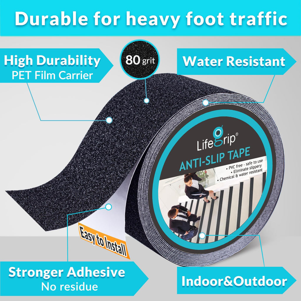 Lifegrip Anti Slip Tape, 3 Inch x 25 Foot Non-Slip Traction Grip Tape for Stairs, Waterproof Stair Treads Grip Non Slip, Non Skid Tape for Steps, Outdoor Black Grip Tape (3" X 25')