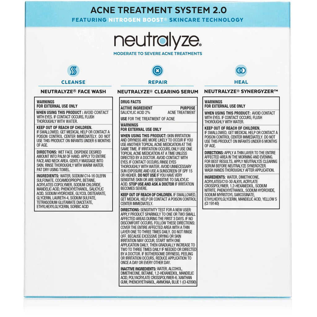 Neutralyze Moderate to Severe Acne Treatment Kit 2.0 - Maximum Strength 3 Step Acne Kit with 2% Salicylic Acid, 2% Mandelic Acid & Nitric Oxide - Includes Face Wash, Clearing Serum & Synergyzer